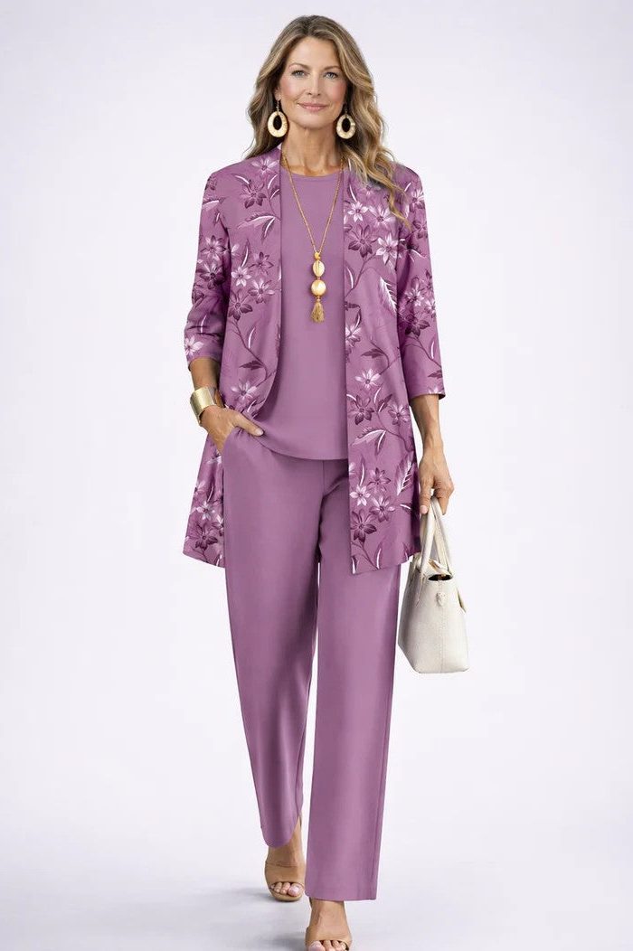 Edwina™ | Women's Three Piece Set with Leaf Print Longline Cardigan