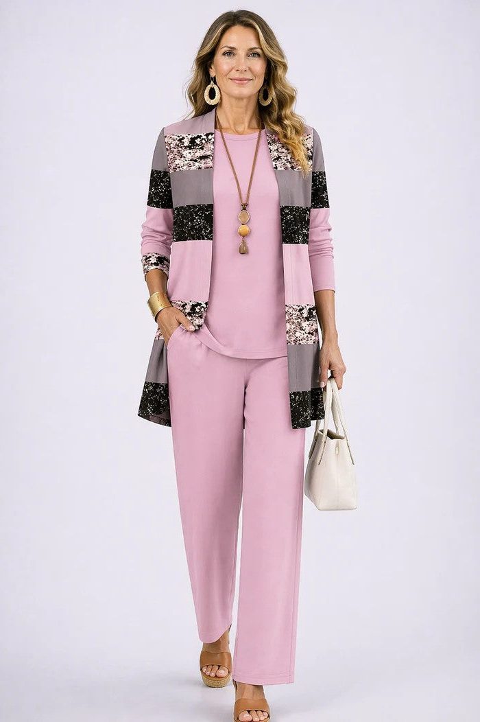 Edwina™ | Women's Three Piece Set with Leaf Print Longline Cardigan