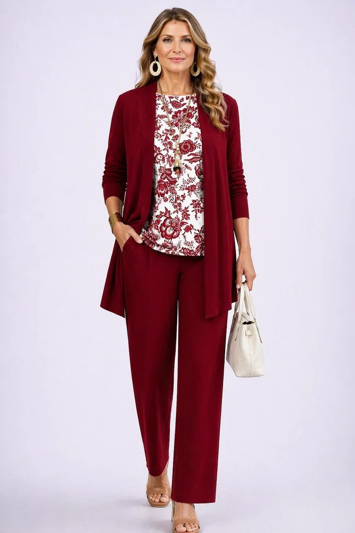 Edwina™ | Women's Three Piece Set with Leaf Print Longline Cardigan