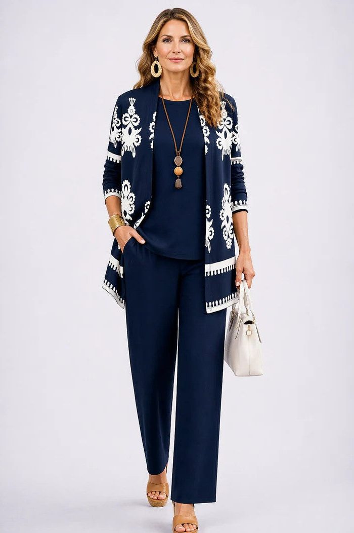 Edwina™ | Women's Three Piece Set with Leaf Print Longline Cardigan