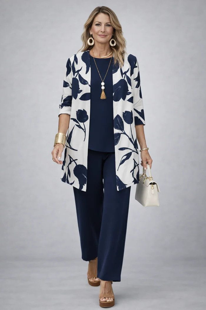 Edwina™ | Women's Three Piece Set with Leaf Print Longline Cardigan