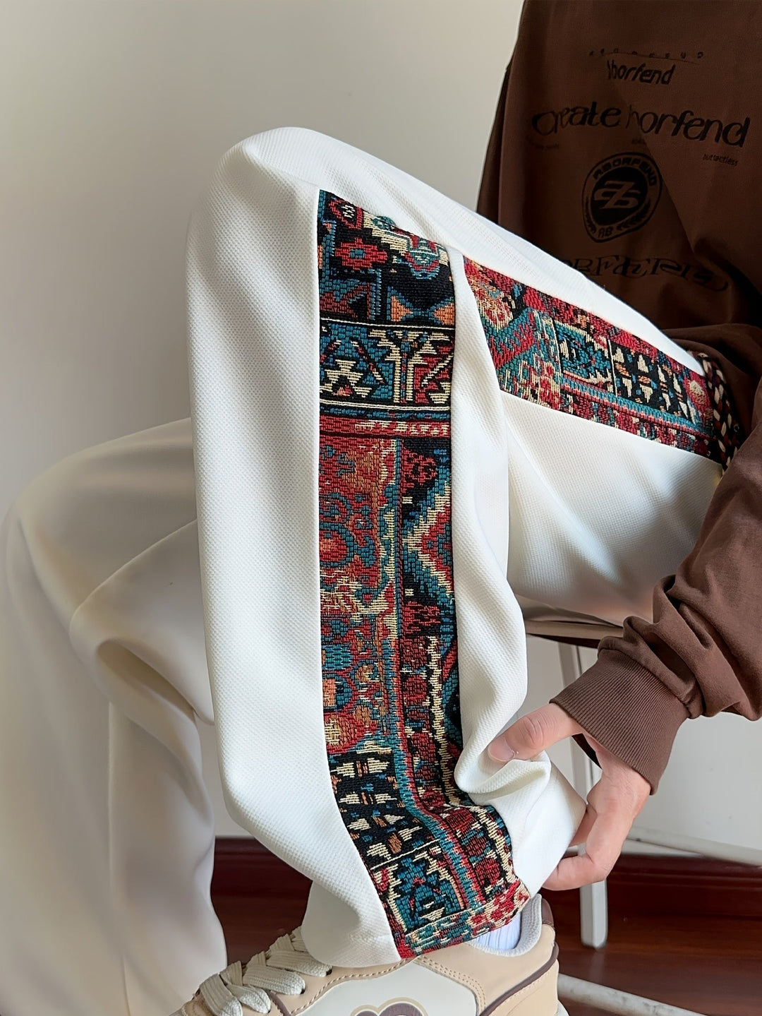 Rafael™ | Men's Wide Leg Drawstring Trousers with Patterned Side Panel