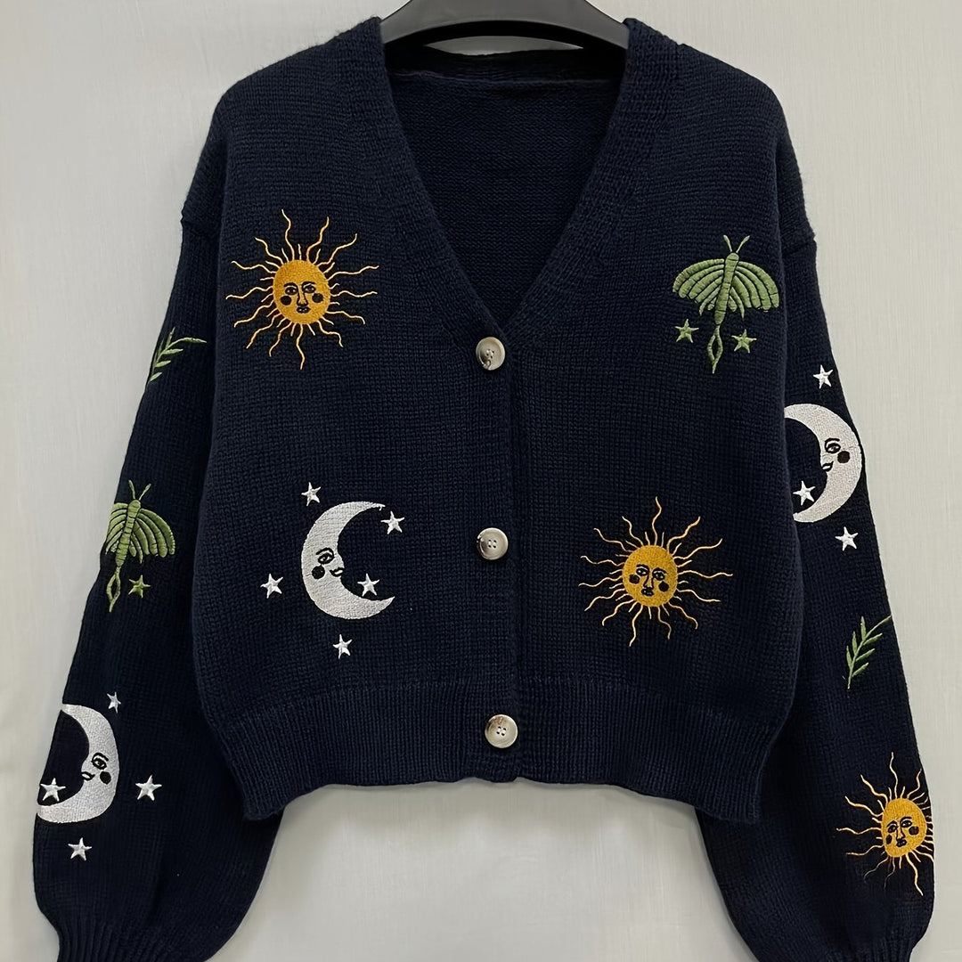 Eglantine™ | Women's Celestial Embroidered Knit Cardigan with Lantern Sleeves
