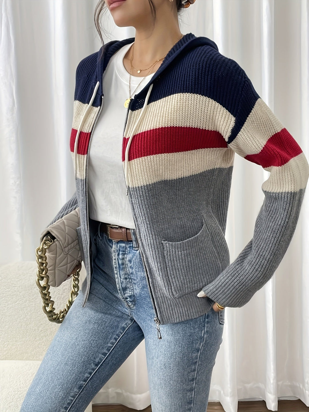 Susannah™ | Women's Colour Block Hooded Zip Cardigan with Pockets