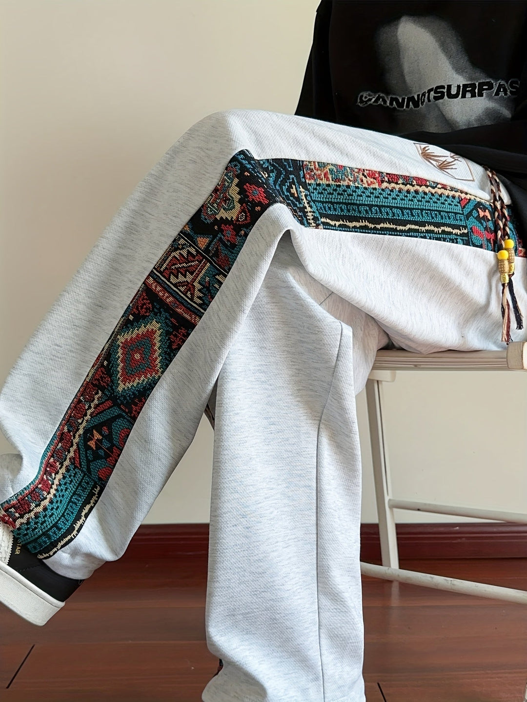 Rafael™ | Men's Wide Leg Drawstring Trousers with Patterned Side Panel