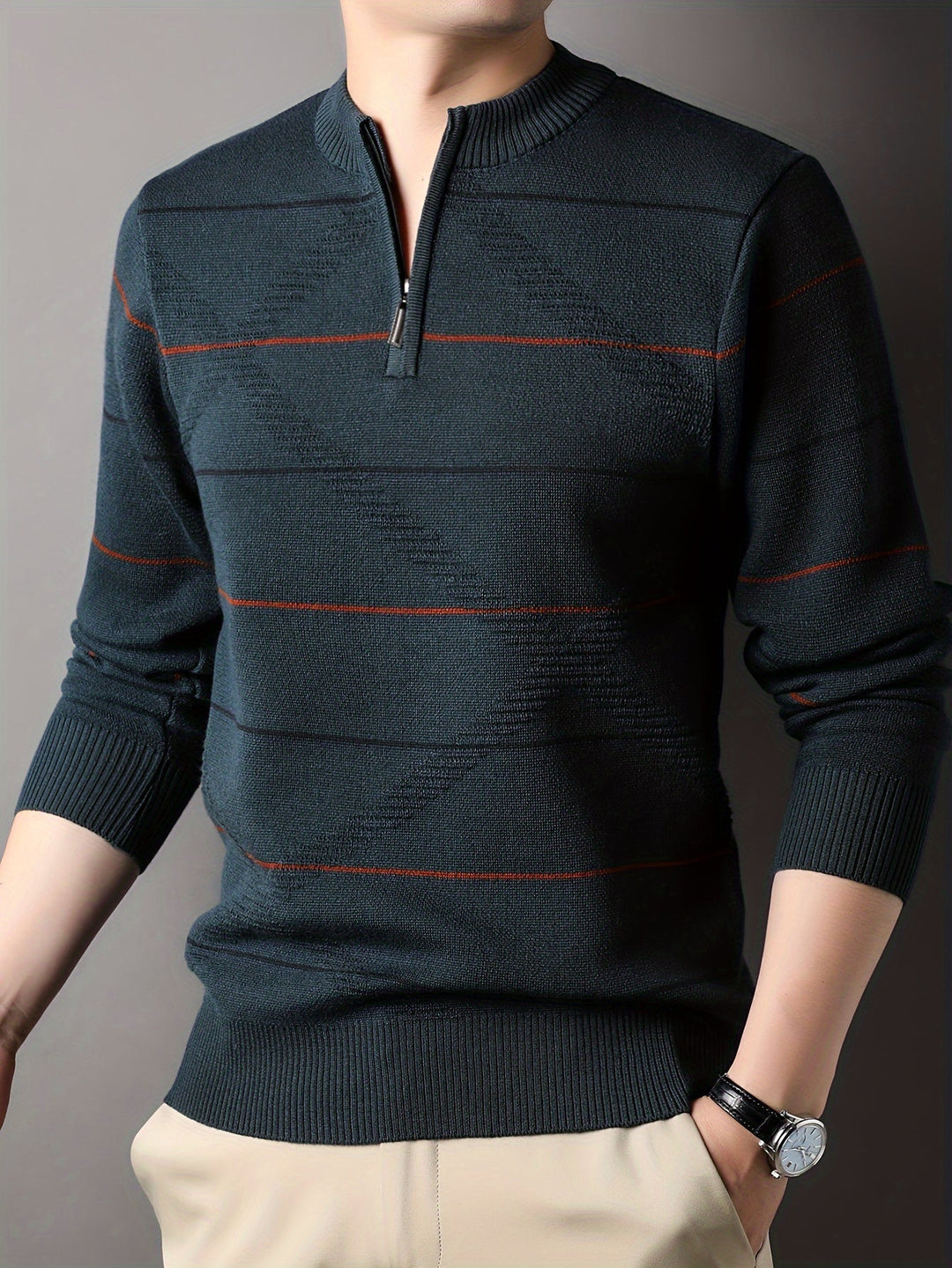 Montgomery™ | Men's Striped Zip Neck Sweater with Ribbed Cuffs
