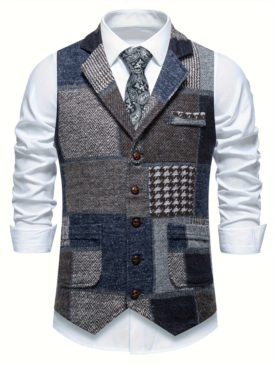 Leo™ | Patchwork Tweed Waistcoat with Herringbone Pattern