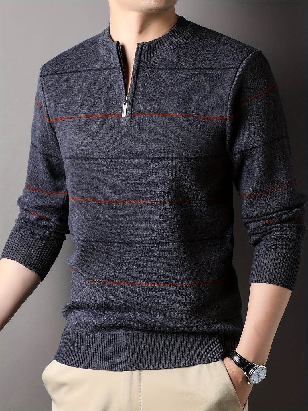 Montgomery™ | Men's Striped Zip Neck Sweater with Ribbed Cuffs