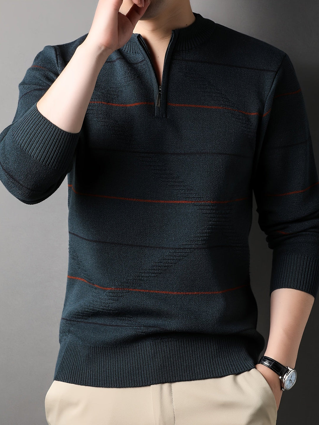 Montgomery™ | Men's Striped Zip Neck Sweater with Ribbed Cuffs