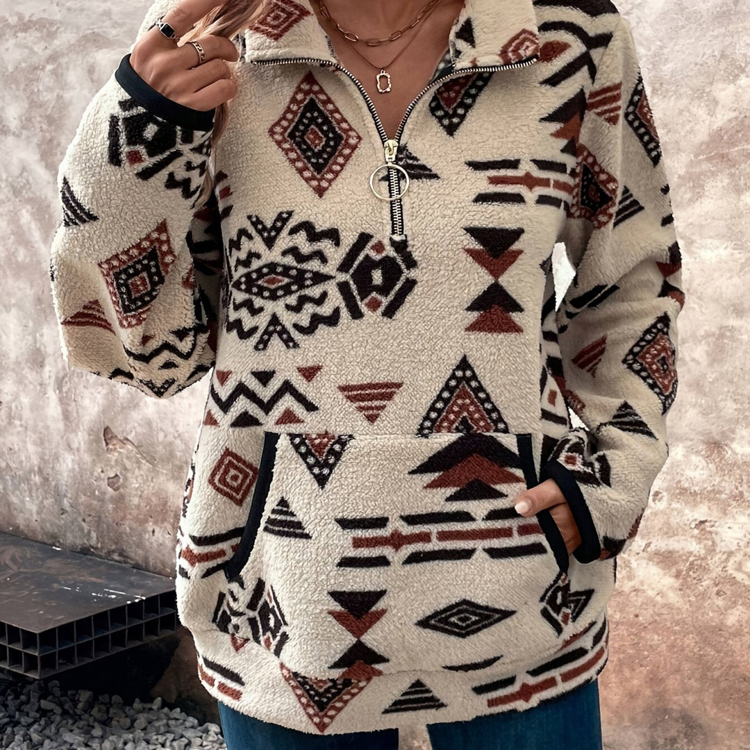 Amaryllis™ | Women's Aztec Print Quarter Zip Pullover with Kangaroo Pocket