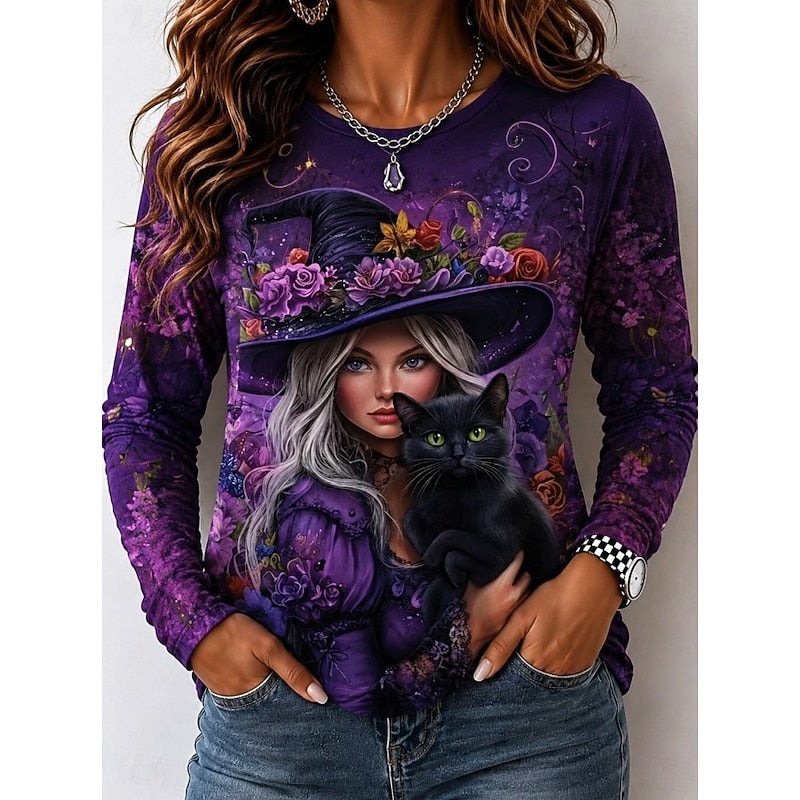 Rowena™ | Women's Moonlit Witch Print Halloween Long Sleeve Top