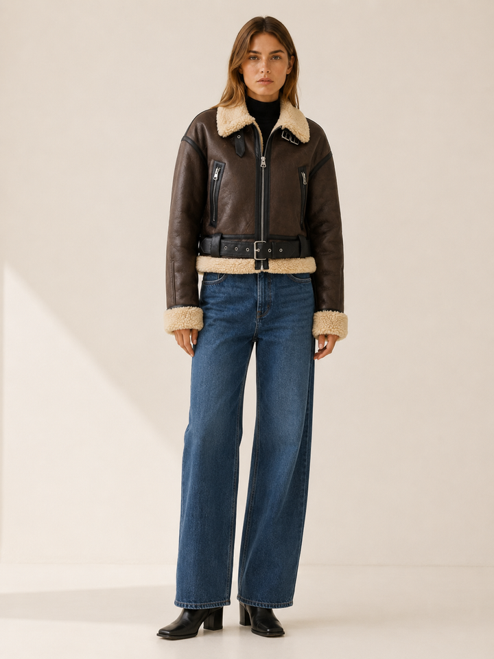 Freya™ | Cropped Bomber Jacket with Shearling Collar and Buckle Belt