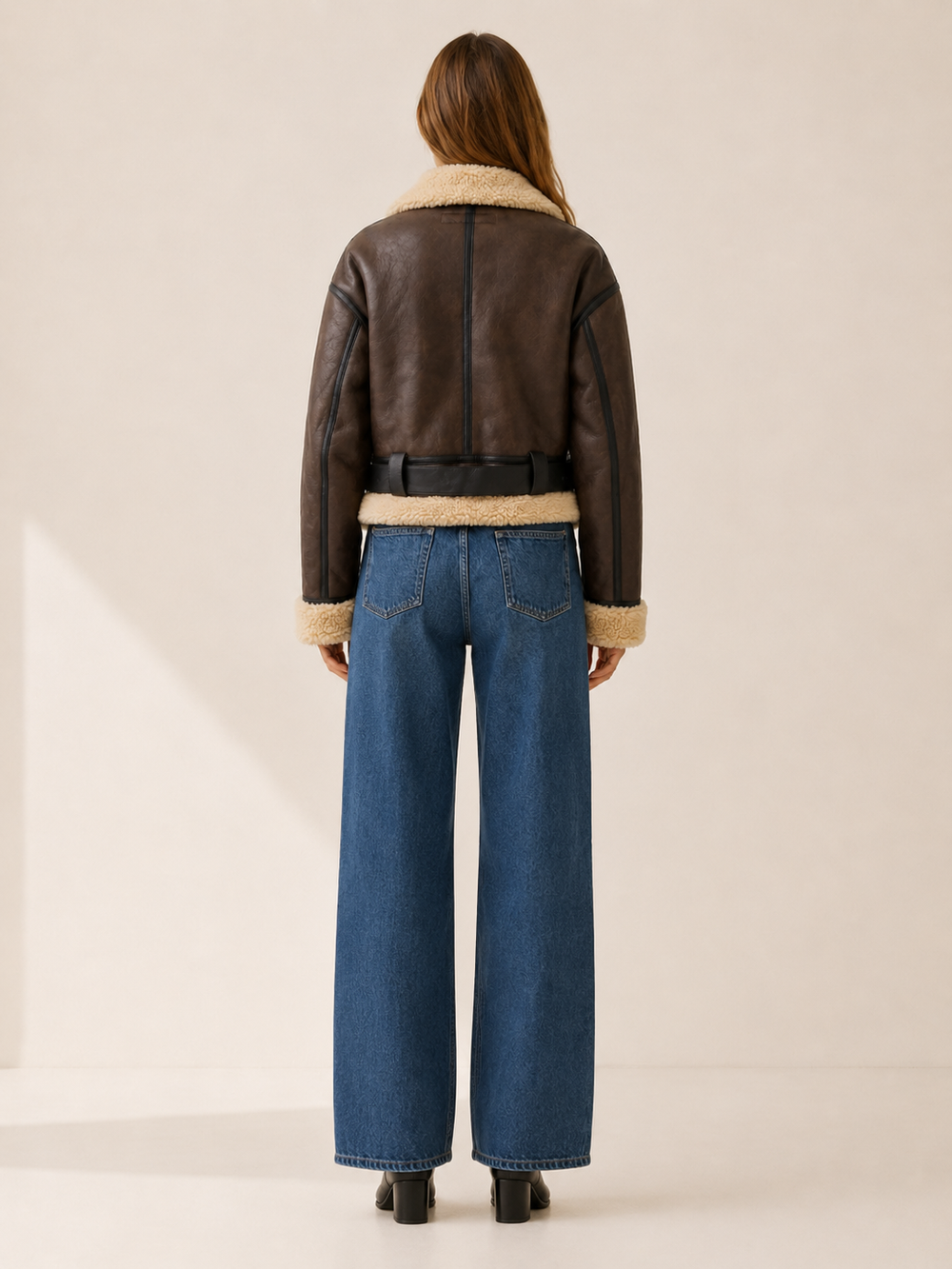 Freya™ | Cropped Bomber Jacket with Shearling Collar and Buckle Belt