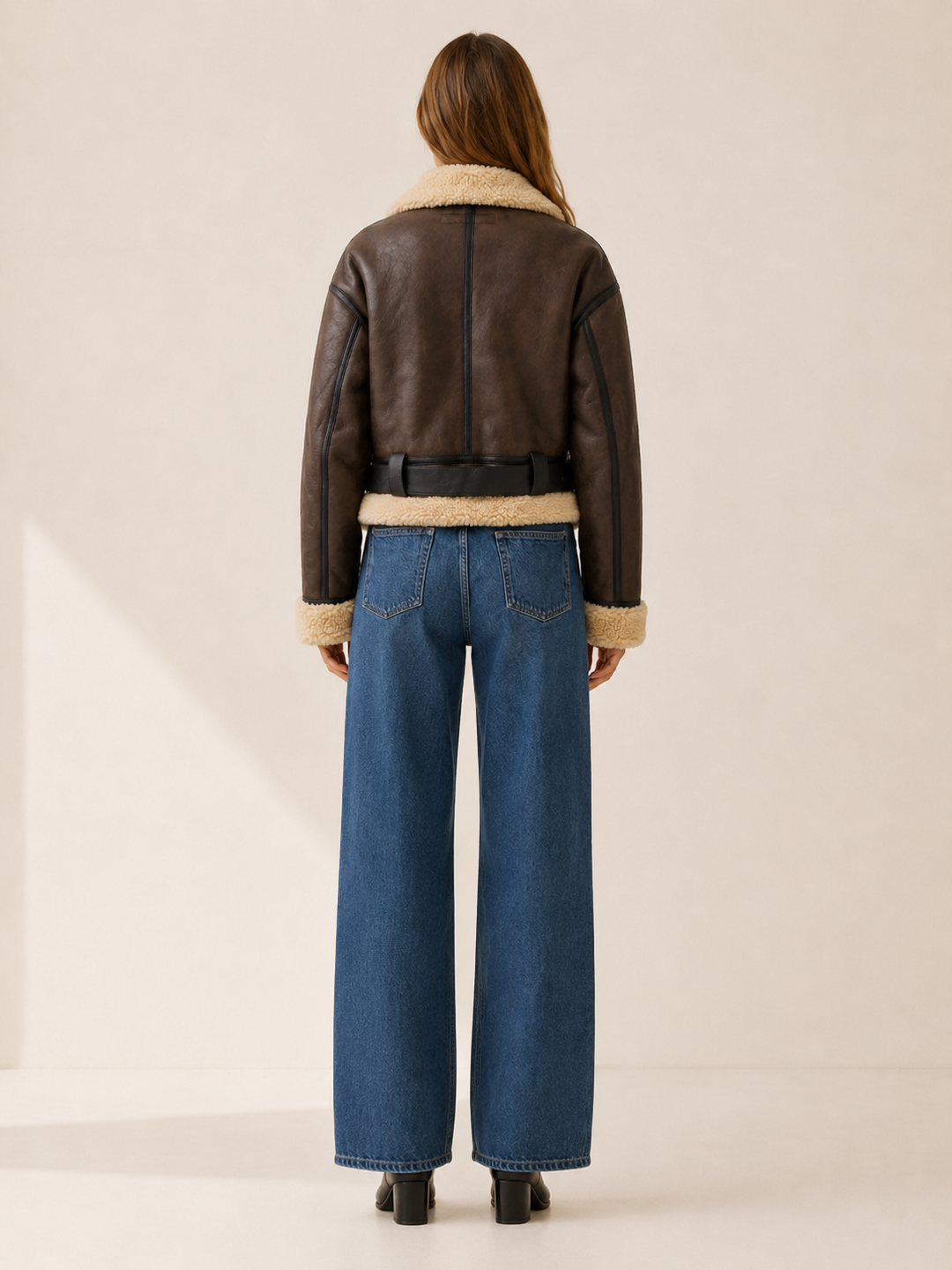 Freya™ | Cropped Bomber Jacket with Shearling Collar and Buckle Belt