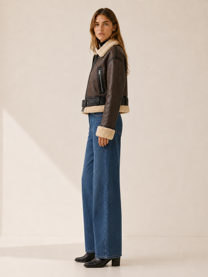 Freya™ | Cropped Bomber Jacket with Shearling Collar and Buckle Belt