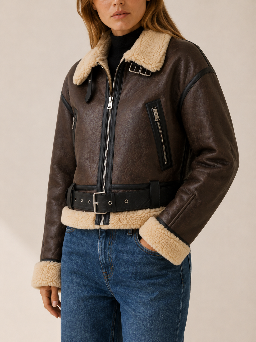 Freya™ | Cropped Bomber Jacket with Shearling Collar and Buckle Belt