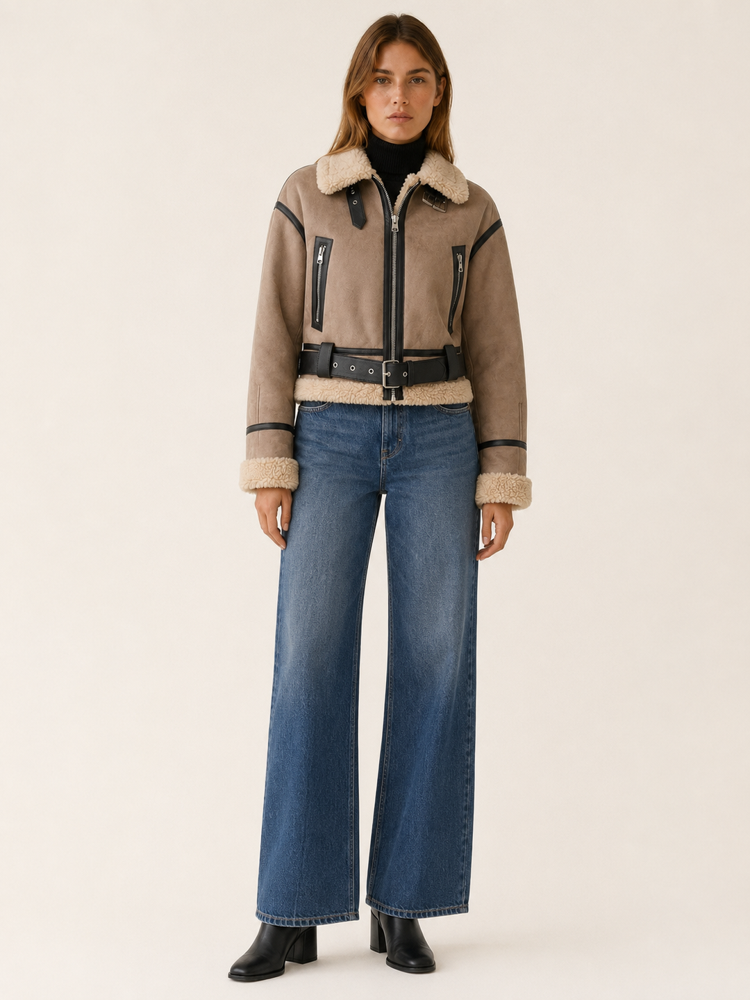 Freya™ | Cropped Bomber Jacket with Shearling Collar and Buckle Belt