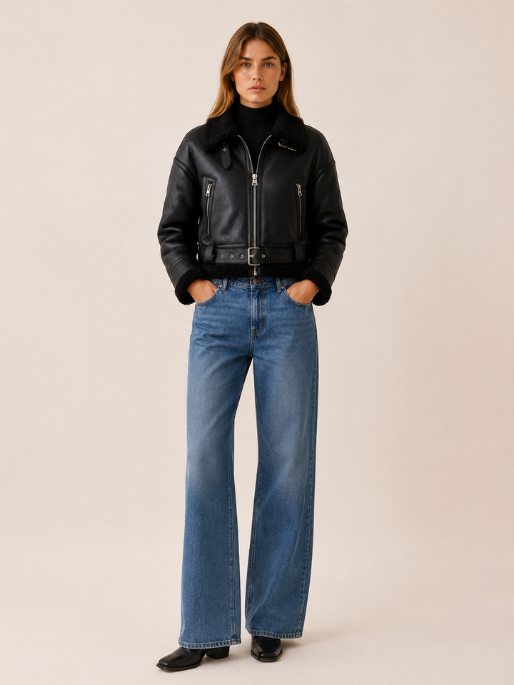 Freya™ | Cropped Bomber Jacket with Shearling Collar and Buckle Belt
