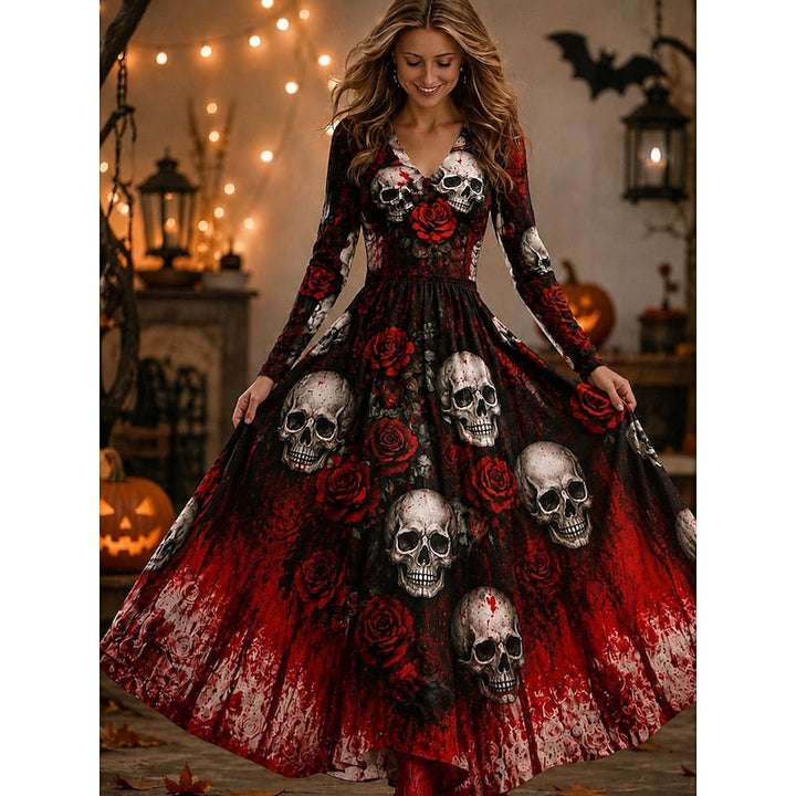 Una™ | Women's Halloween Skeleton and Rose Print Long Sleeve Maxi Dress