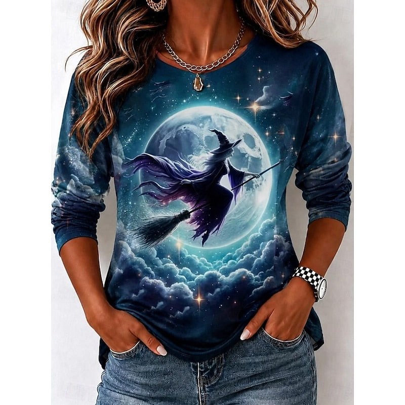 Rowena™ | Women's Moonlit Witch Print Halloween Long Sleeve Top