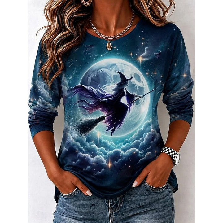 Rowena™ | Women's Moonlit Witch Print Halloween Long Sleeve Top