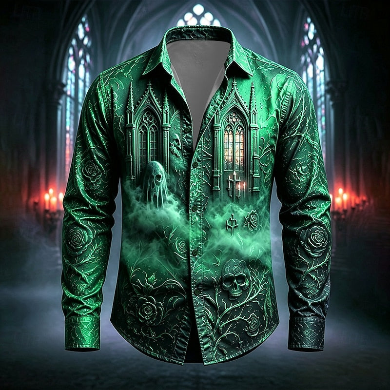 Vaughn™ | Men's Gothic Cathedral Print Halloween Button Up Shirt
