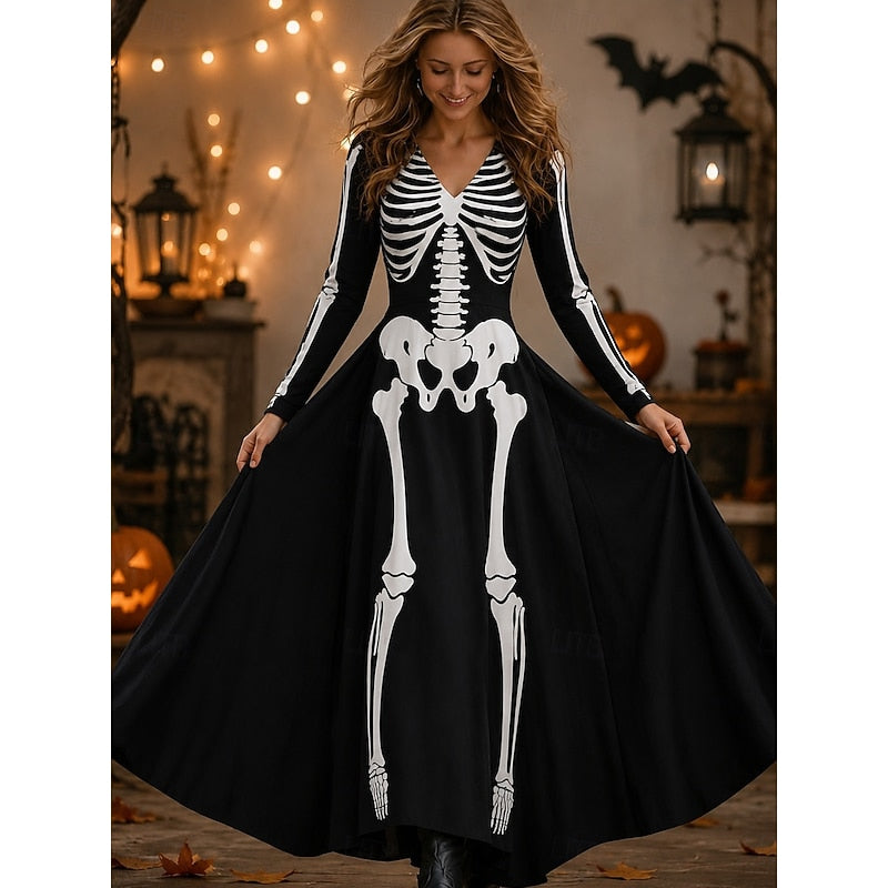 Una™ | Women's Halloween Skeleton and Rose Print Long Sleeve Maxi Dress