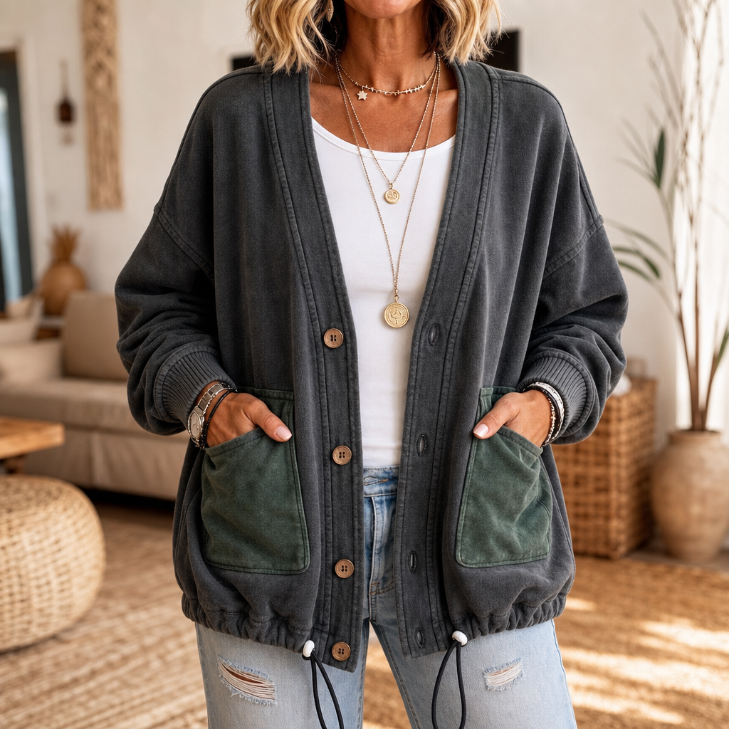 Ambre™ | Women's Button Front Knit Jacket with Contrast Patch Pockets