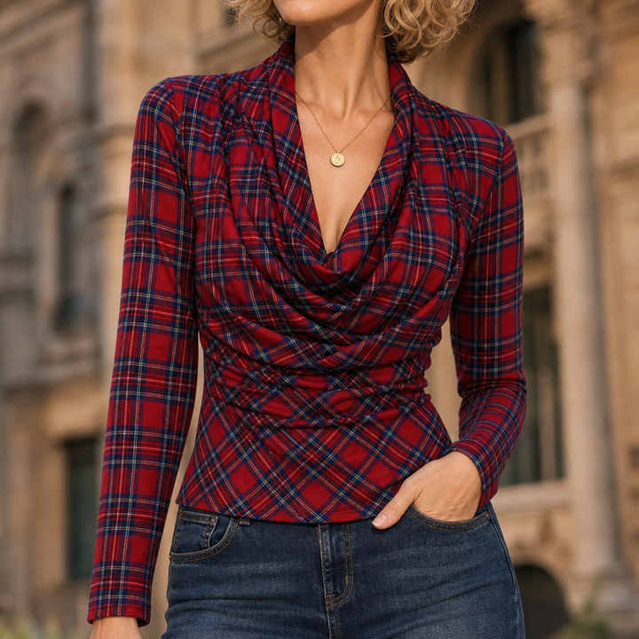 Rebecca™ | Women's Red Plaid Cowl Neck Long Sleeve Stretch Top