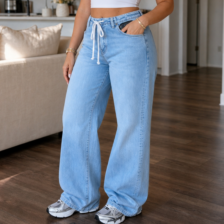Albane™ | Women's High Waisted Wide Leg Jeans with Drawstring Waist