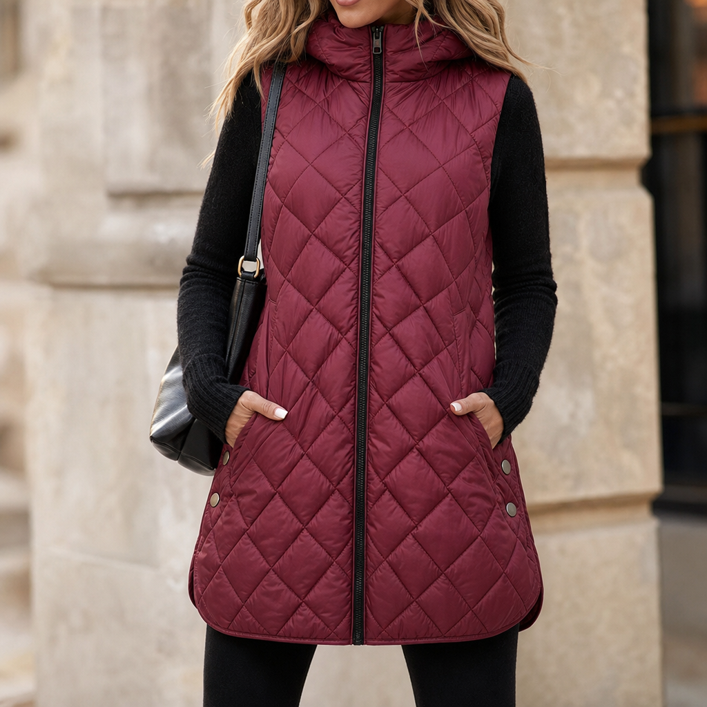 Micheline™ | Women's Long Quilted Hooded Vest with Zip Front