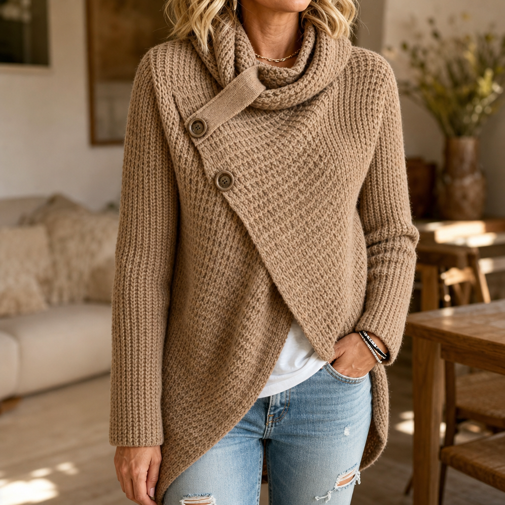Lucrezia™ | Women's Asymmetric Cowl Neck Knit Sweater with Side Buttons