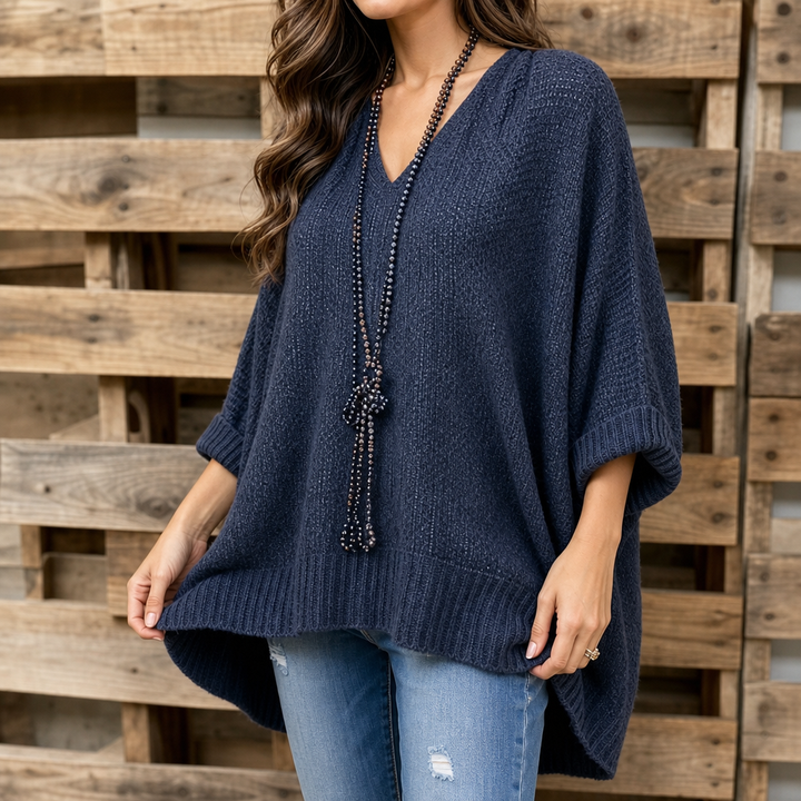 Octavie™ | Women's Oversized Open-Knit V-Neck Sweater in Blue