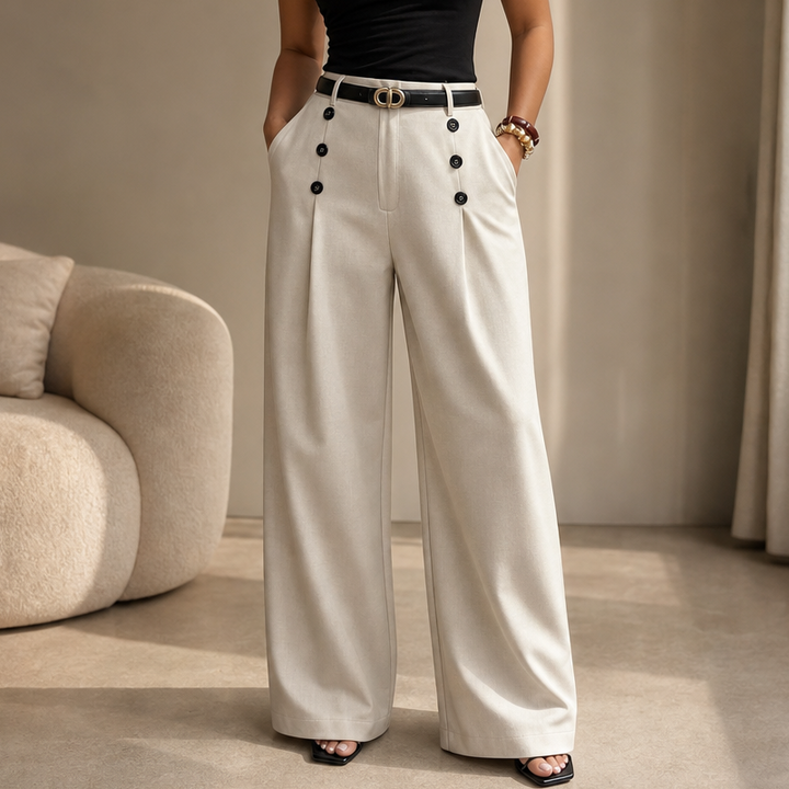 Wilhelmine™ | Women's High Waisted Pleated Wide Leg Trousers with Button Detail