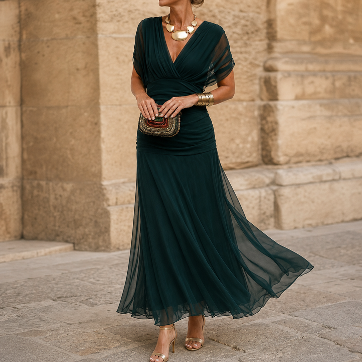 Donatella™ | Women's Off-Shoulder Wedding Guest Maxi Dress with Draped Bodice