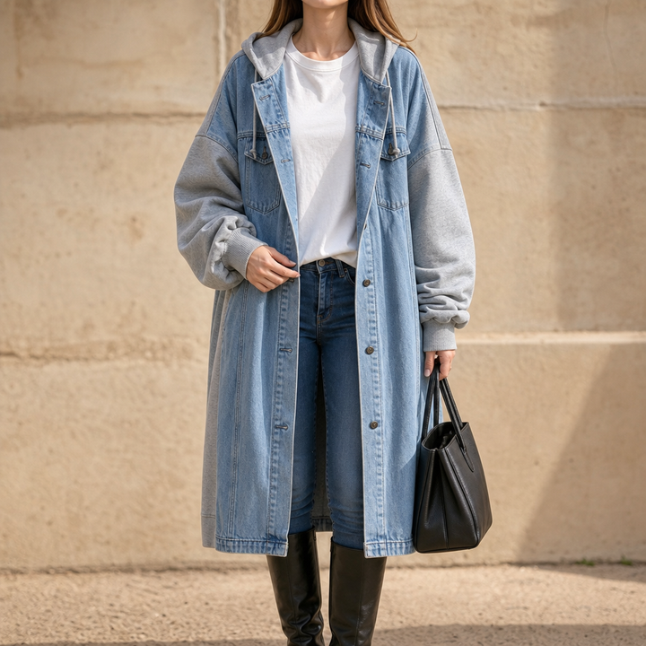 Ninon™ | Women's Longline Hooded Jacket with Washed Blue Front