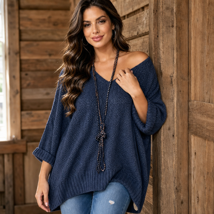 Octavie™ | Women's Oversized Open-Knit V-Neck Sweater in Blue
