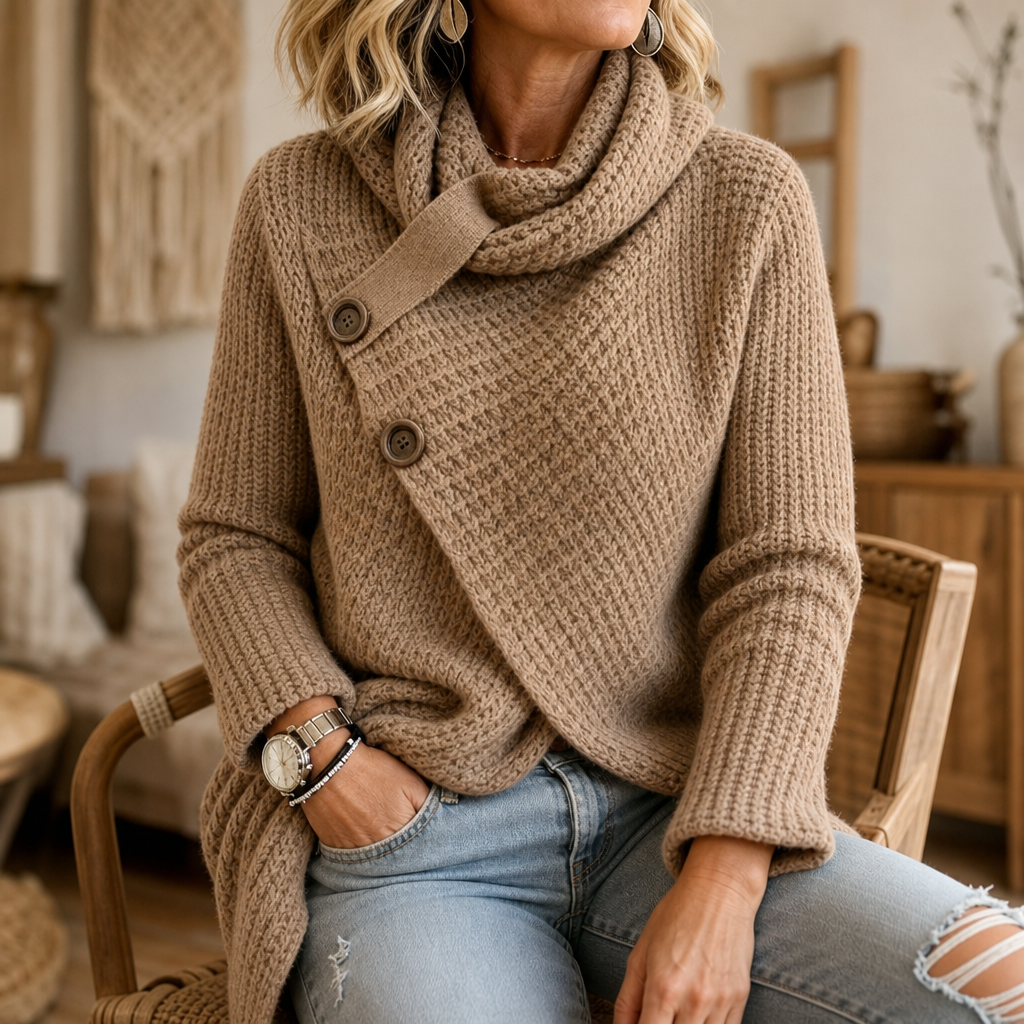 Lucrezia™ | Women's Asymmetric Cowl Neck Knit Sweater with Side Buttons