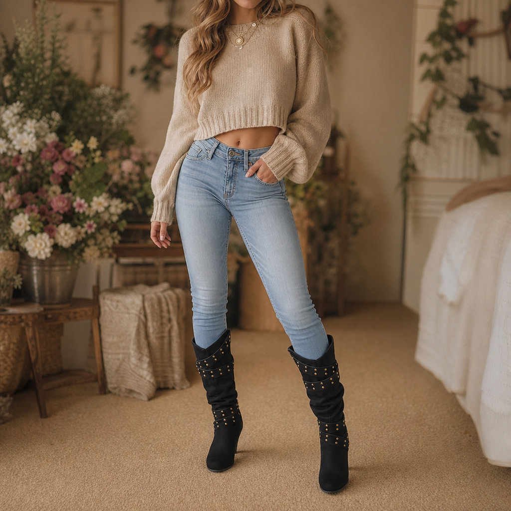 Louane™ | Women's Studded Western Slouch Knee-High Boots with Block Heel