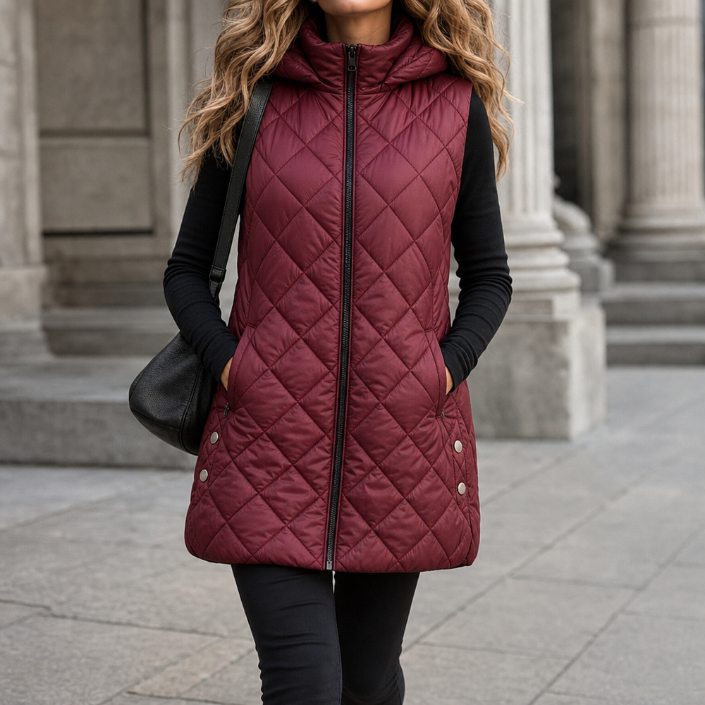 Micheline™ | Women's Long Quilted Hooded Vest with Zip Front