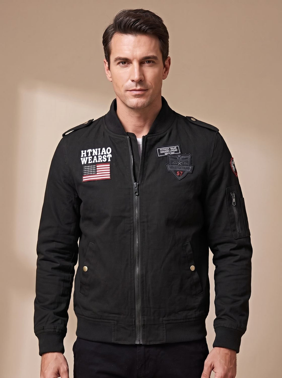 Bartholomew™ | Men's Military Bomber Jacket with Embroidered Patches