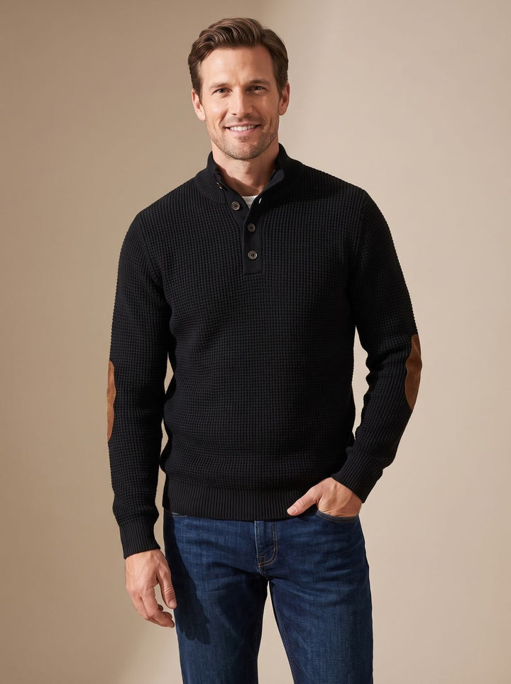 Cosimo™ | Men's Waffle Knit Sweater with Button Collar and Elbow Patches