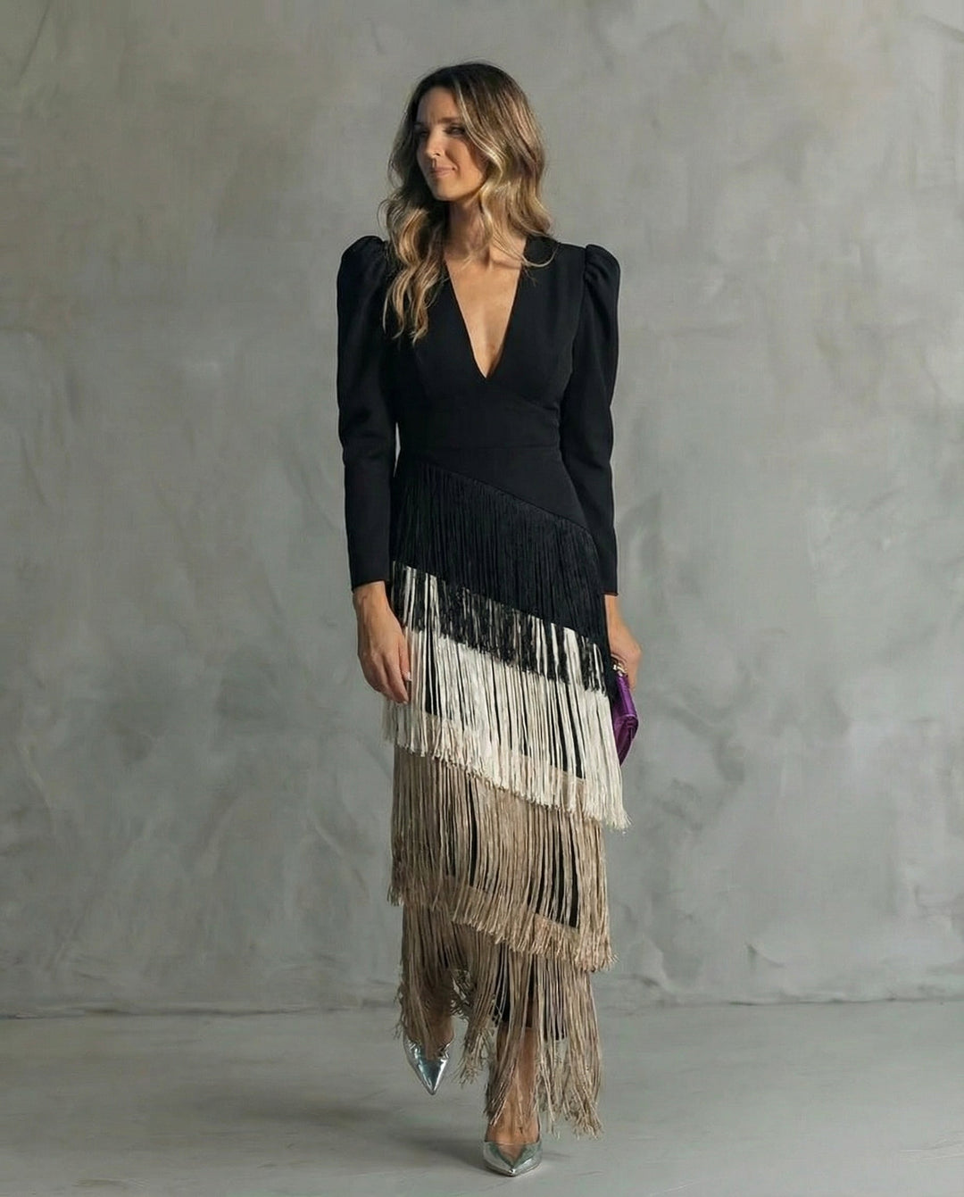 Clara ™ | Elegant Midi Dress with Fringe Sleeves