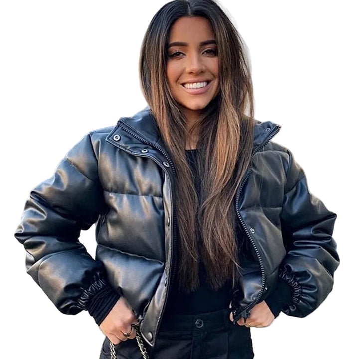 Sunniva™ | Women's Cropped Faux Leather Puffer Jacket