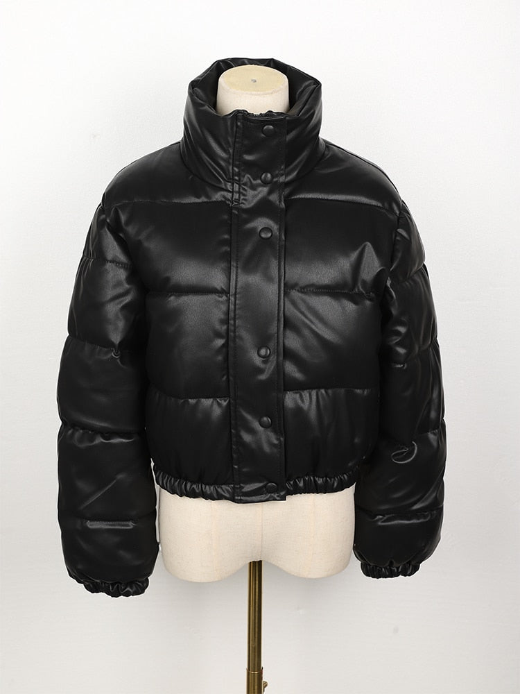 Sunniva™ | Women's Cropped Faux Leather Puffer Jacket