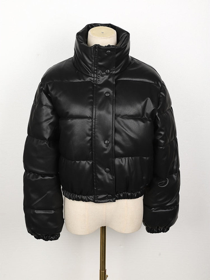 Sunniva™ | Women's Cropped Faux Leather Puffer Jacket