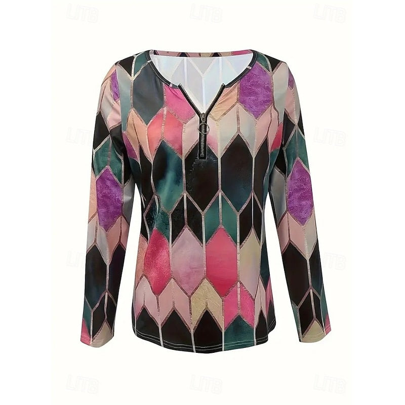 Azalea™ | Women's Floral Print Quarter-Zip Long Sleeve Top