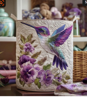Hummingbird and Pansies Laundry Basket – Quilted Collapsible Fabric Storage Hamper with Handles