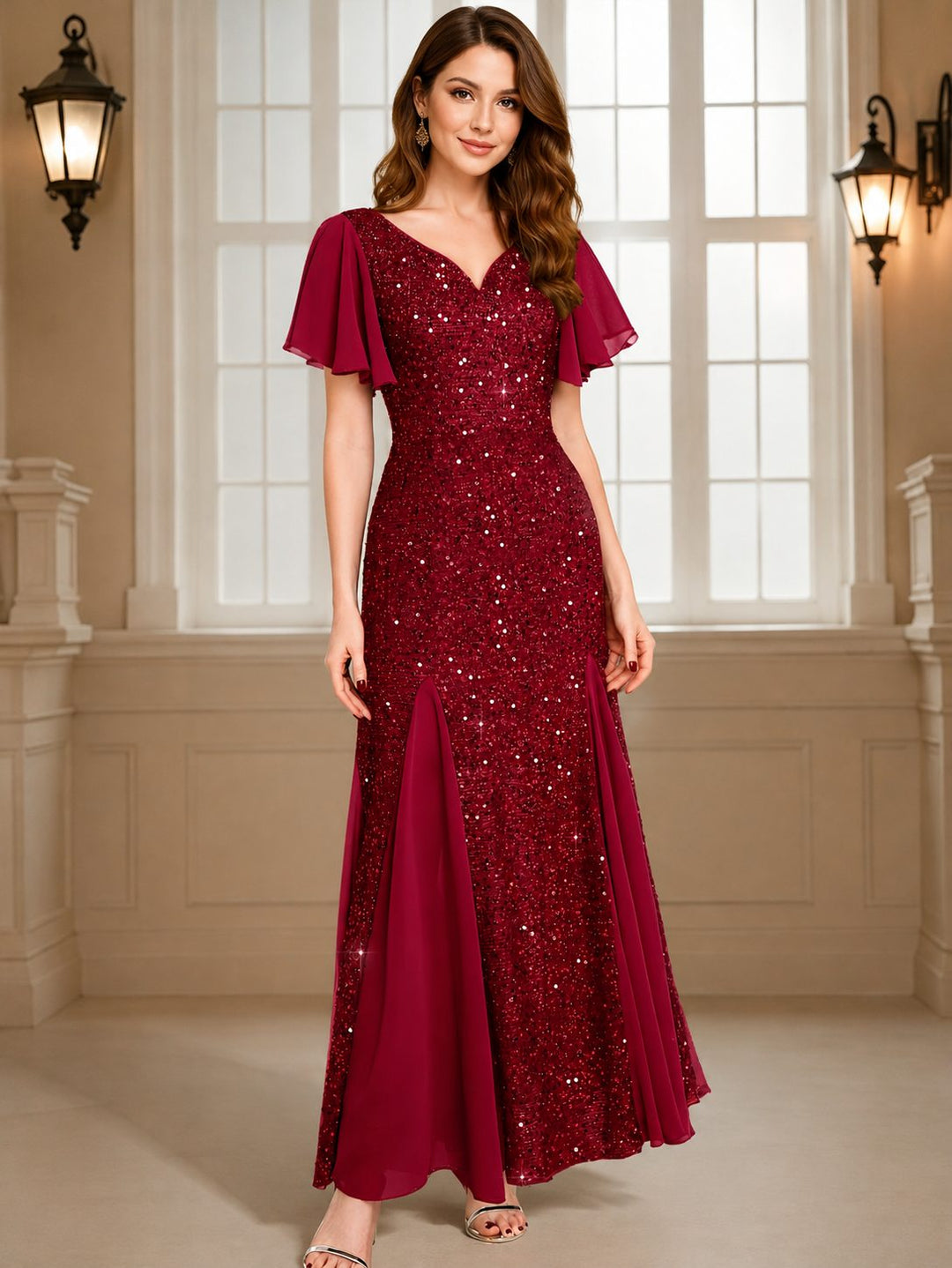 Hyacinth™ | Women's Plus Size Sequin Maxi Dress with Flutter Sleeves