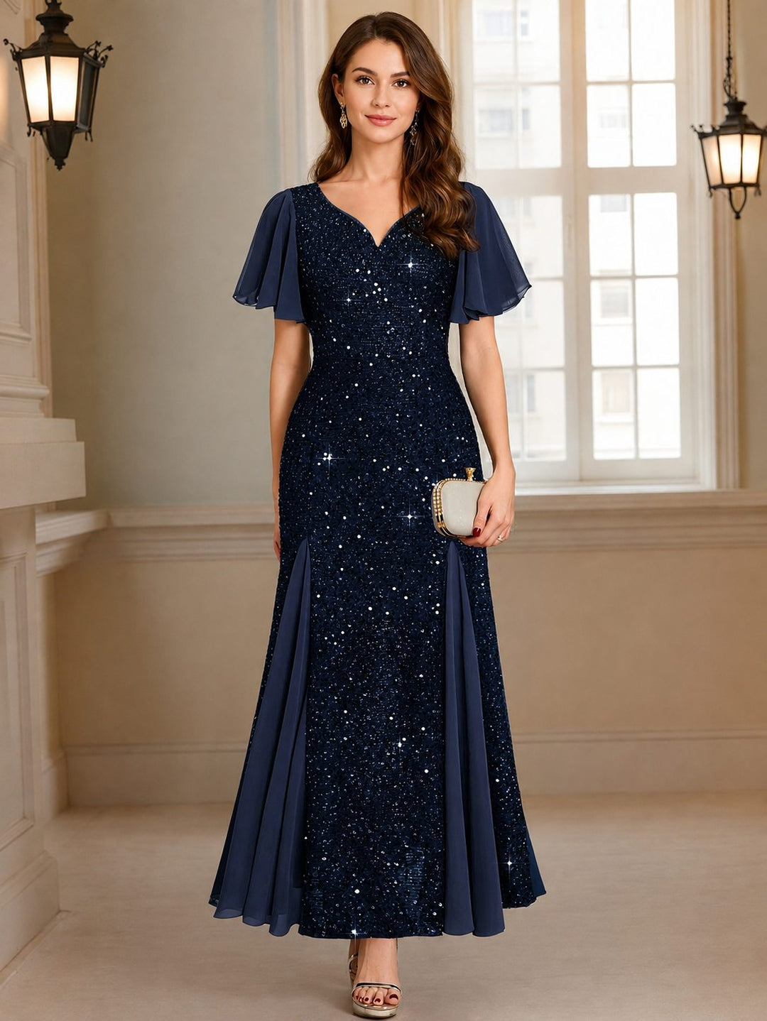 Hyacinth™ | Women's Plus Size Sequin Maxi Dress with Flutter Sleeves